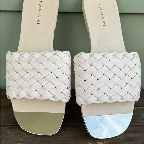 Tahari White Woven Leather Sandals Elegant Slip-On - Picture 2 of 7